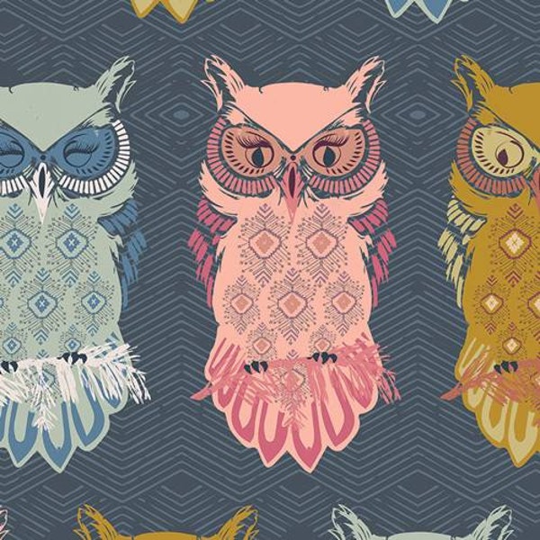 Bird of Night - Printed Quilter's Cotton Fabric by the Yard - Nightfall Collection, Owls Multicolor Slate