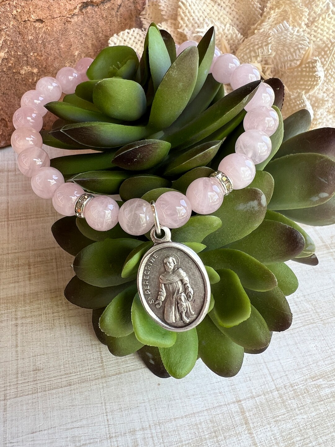 Cancer Support Bracelet, Rose Quartz St Peregrine Patron Saint for Cancer Patients Bracelet