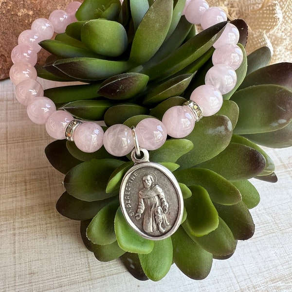 Cancer Support Bracelet, Rose Quartz St Peregrine Patron Saint for Cancer Patients Bracelet, Pink Healing Bracelet, Prayer Bracelet