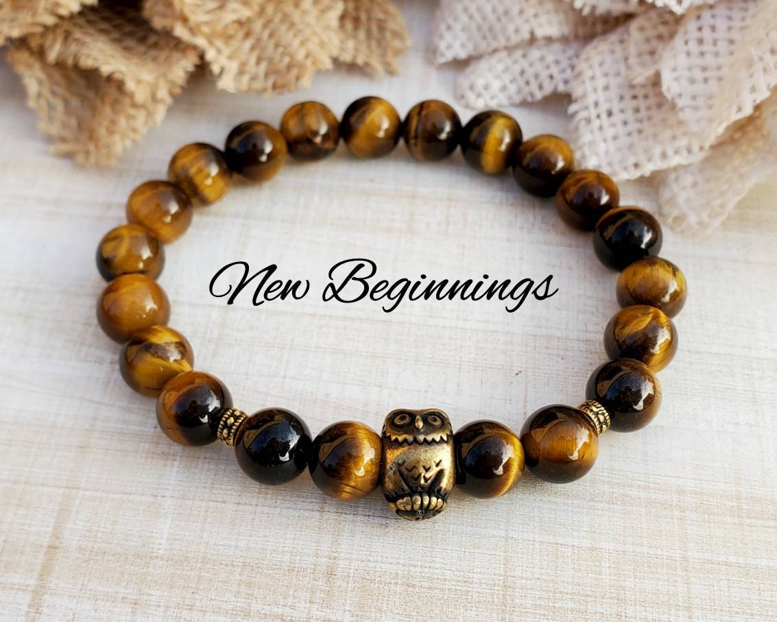 Tiger Eye Gemstone Bracelet: Brass Owl, Healing Energy Jewelry