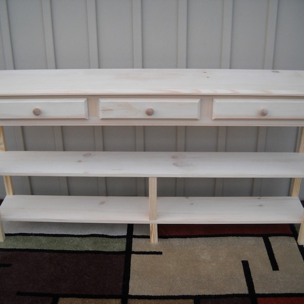 Unfinished 60" Sofa 58"x11x30 Beveled Edge Style Console Pine Table w/2 Shelves and 3 drawers
