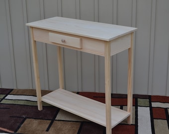 Unfinished Pine Tall Foyer Entry Table TV Stand Shaker Square Edge Style Console w/Shelf and Drawer