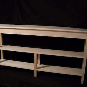 Unfinished 60&quot; Console, Sofa, 11&quot;deep Beveled Edge Pine Table w/2 Shelves