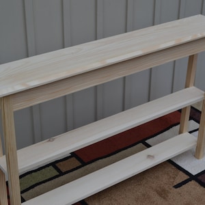 Unfinished 46" Narrow Console Sofa, Beveled Edge Pine Table w/2 Shelves