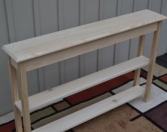 Unfinished 46" Narrow Console Sofa, Beveled Edge Pine Table w/2 Shelves
