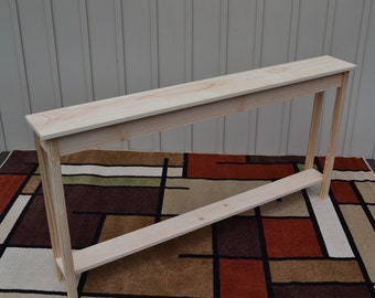 Unfinished 60" Narrow Shaker Square Edge Style Console, Sofa, Foyer, Pine Table w/Shelf