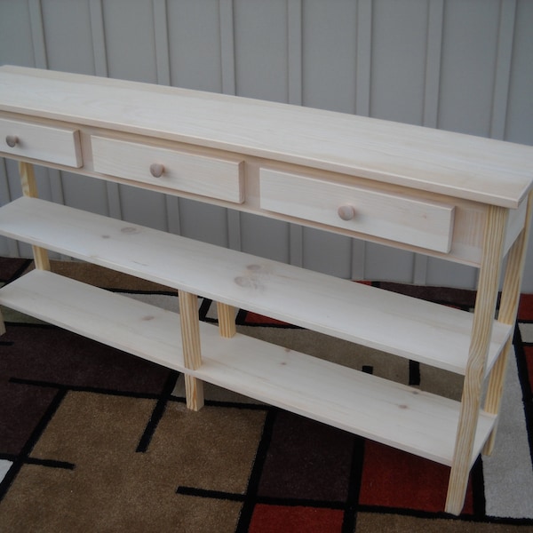 Unfinished 60" Sofa 58"x11x30, Console, Shaker Style Edge PineTable w/2 Shelves and 3 drawers