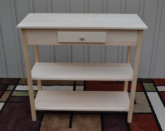 Unfinished Pine Tall Foyer Entry Table TV Stand Shaker Square Edge Style Console w/2 Shelves and a Drawer