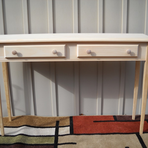 Unfinished 46" Sofa Beveled Edge Style Console Pine Table w/2 drawers, Tapered or Straight Blocked Legs