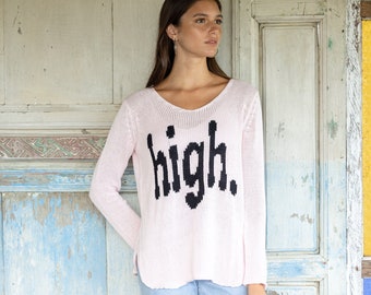 V-Neck Hand Knit Cotton Sweater | High| Classic Knit Pullover for Women | Hand-Knit Statement Sweater |Cannabis Gift |Gift for Her
