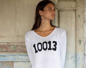 NYC Zip Code V-Neck Hand Knit Cotton Sweater | Sustainable Cotton Knit Pullover for Women | Hand-Knit Statement Sweater | Gift for Her
