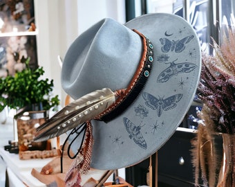 Burned Hat Celestial Moth Lotus Moon Rancher Cowboy Hat Custom Design Hat