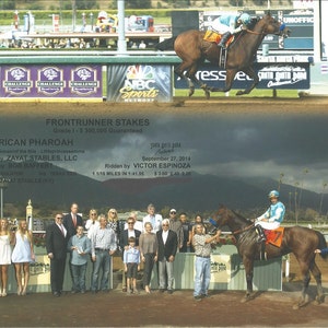 May include: A photograph captures a horse race, with a brown horse and jockey in the lead. The image includes text indicating the race is the Frontrunner Stakes, with the horse named American Pharoah. A group of people stand in the foreground.
