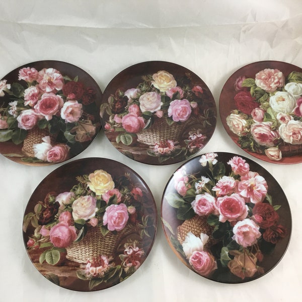 Lot de 5 assiettes dessert gâteau porcelaine des Palloux Limoges France décor Rose Pivoine Fleurs Ø 19 cm