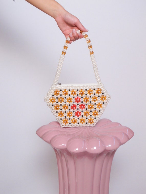 Vintage Beaded Bag, beaded purse, pearl bag, Shrim