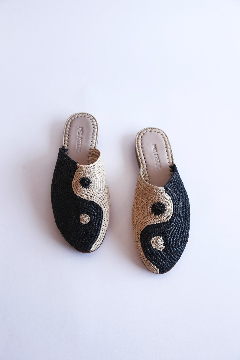 Yin Yang Shoes Hand Woven Raffia Shoes Slide on Mules Etsy