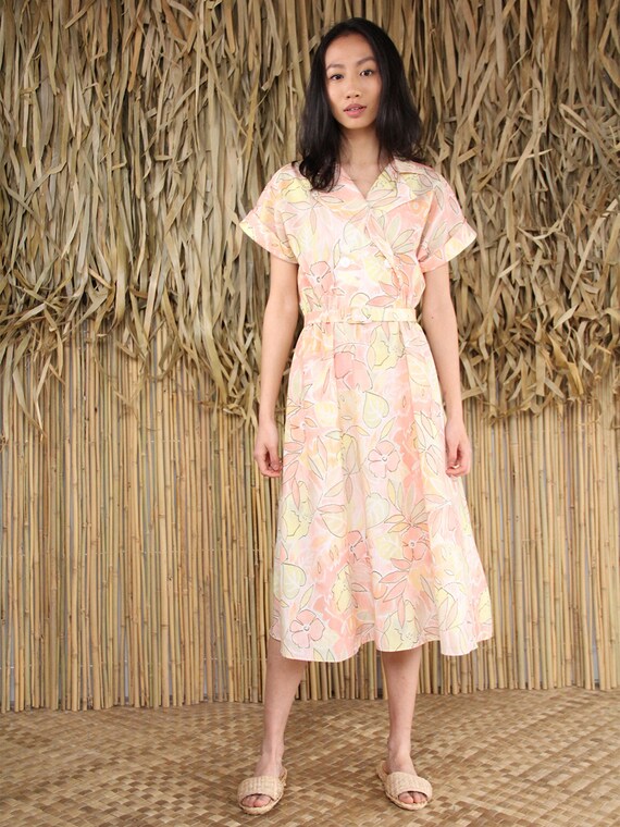 1980's Peach Tropical Dress with matching belt, fl