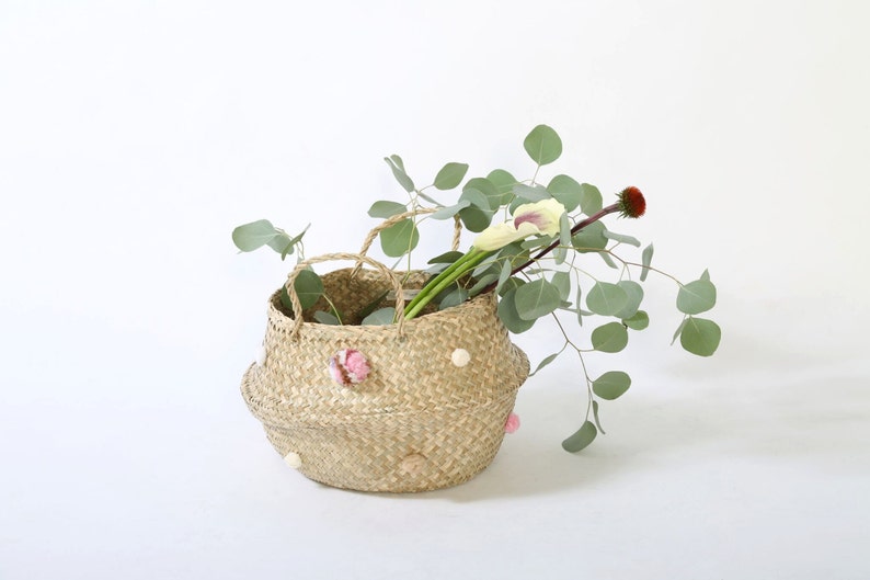Handwoven basket and pom pom belly basket wicker Etsy