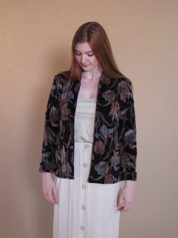 Vintage 1970's Quilted Jacket, black floral velvet