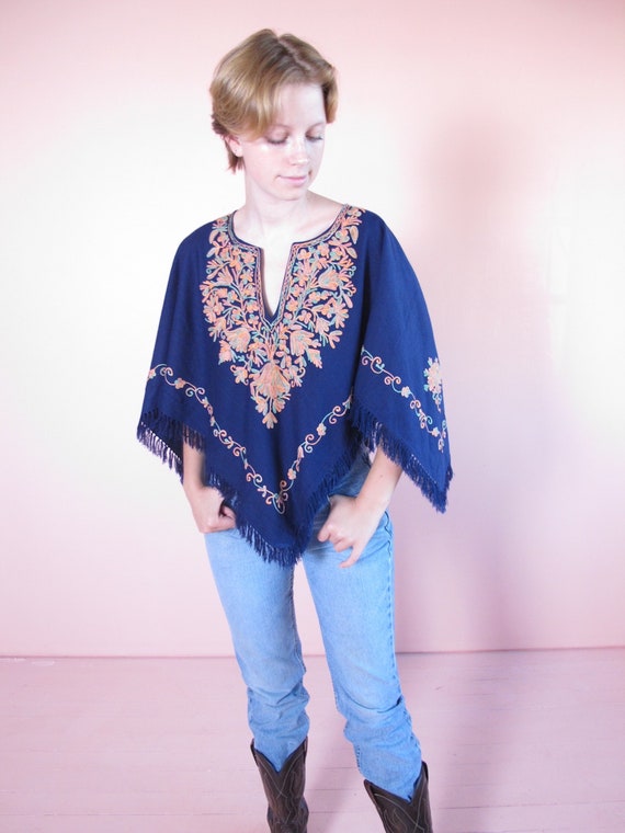 Vintage Hungarian Poncho, navy blue poncho, embroi