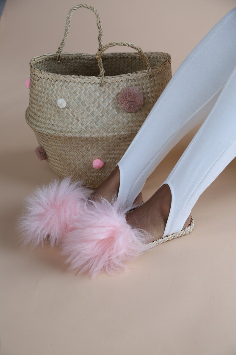 Handwoven grass slippers with blush pink lambfurFolk Fortune | Etsy
