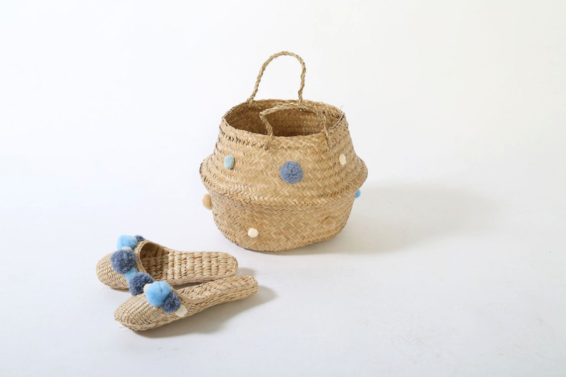 Handwoven basket and pom pom belly basket wicker Etsy