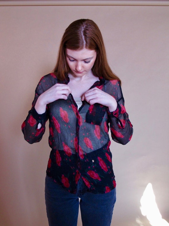 1990's Sheer Black Papillon Blouse, vinatge rose b