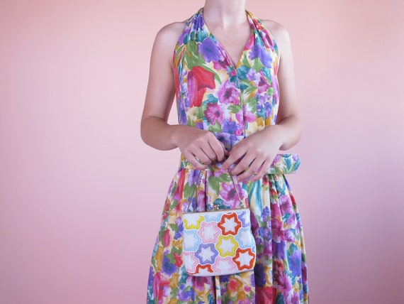 Vintage Floral Halter Dress, 1980's floral dress,