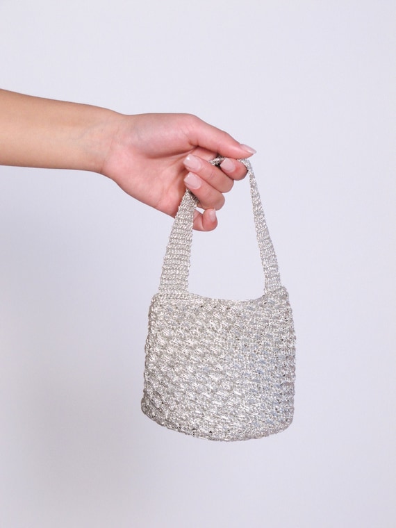 Mini Silver Crochet Metalic Bag, mini bag, Italian