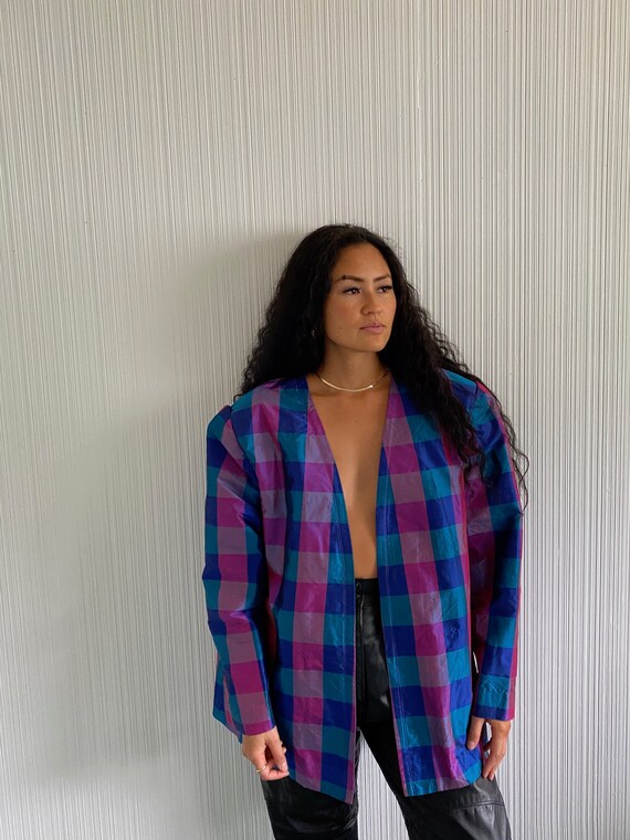 100% Silk Plaid Oversized Jacket, silk jacket, pla