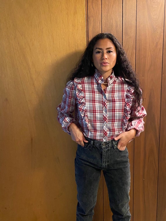 red plaid ruffle blouse
