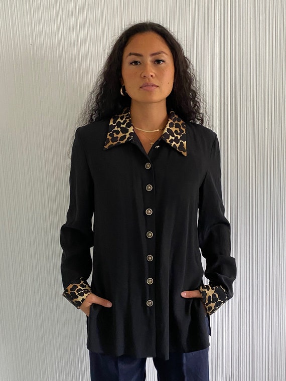 Vintage 1990's Black and Leopard Blouse, black blo