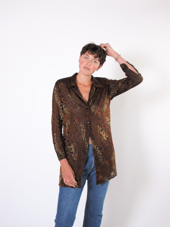 Sheer Leopard Print Tunic Blouse, vintage tunic, l