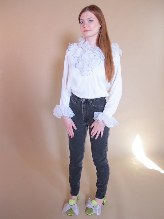White Ruffle Peridot Blouse, 1960's blouse, 1960's