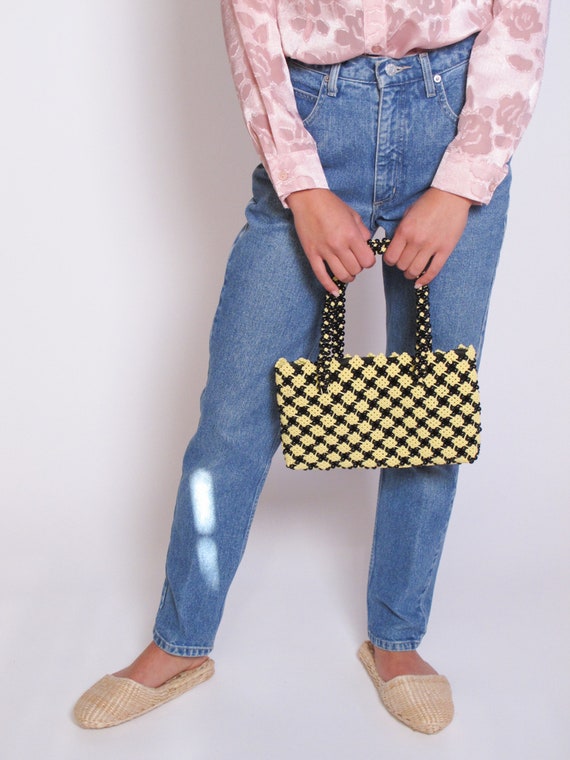 Black and Yellow Beaded Bag, vintage beaded bagm b
