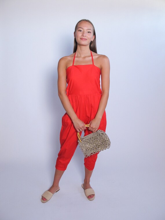 Red Petite Halter Romper with baloon pants, red ro