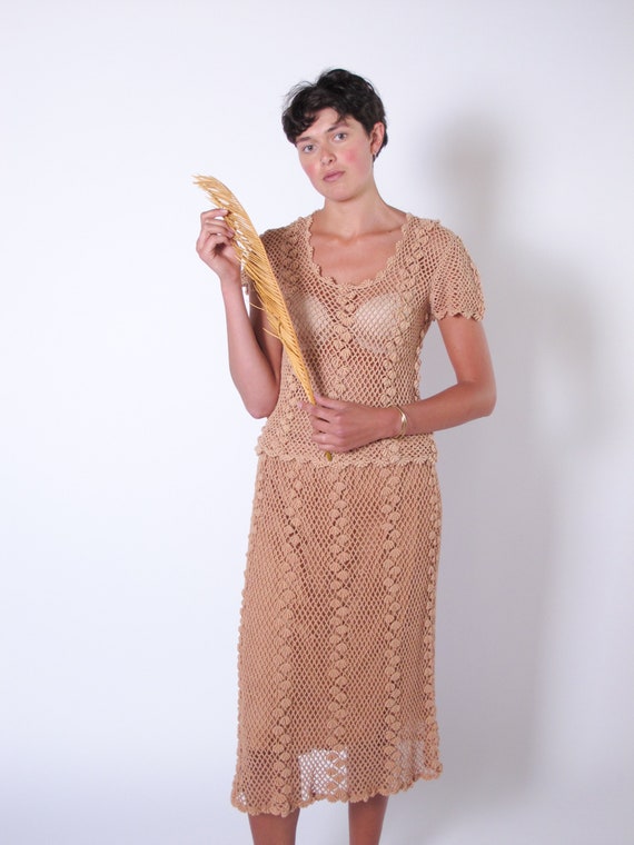 2 Piece Crochet Set, taupe crochet top, vintage cr