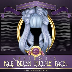 May include: A digital illustration of a hair brush bundle pack for Procreate. The image features a purple background with a gold circle containing a blue wig. The text "GEAR HOG'S HAIR BRUSH BUNDLE PACK v1" is displayed in a gold banner at the bottom of the image. The text "FOR PROCREATE" is displayed in a smaller gold banner below the main banner. A gold seal with the text "50+ BRUSHES" is displayed in the upper right corner of the image.