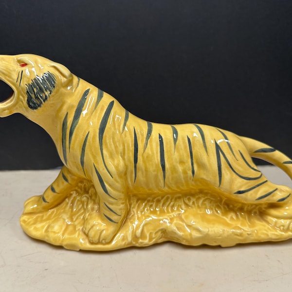 Vintage mid-century modern, ceramic yellow and black striped tiger planter