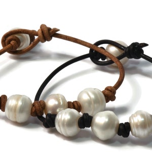 Leather and Ringed Pearl Bracelet Leather and Pearl Bracelet Leather Jewelry Leather Bracelet Pearl Bracelet Brown Leather Black Leather