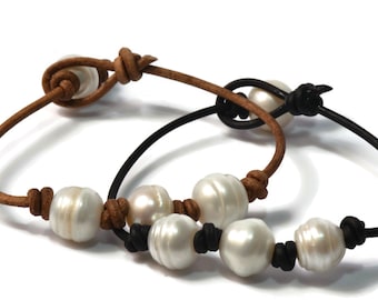 Leather and Ringed Pearl Bracelet Leather and Pearl Bracelet Leather Jewelry Leather Bracelet Pearl Bracelet Brown Leather Black Leather