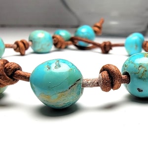 Kingman Turquoise Leather Bracelet, Knotted Leather Necklace, Turquoise and Leather, Southwestern Jewelry