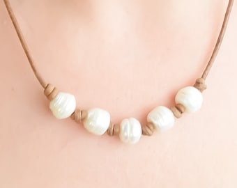 Leather and Pearl Necklace Leather Necklace Leather Jewelry Pearl Necklace Leather and Pearls ringed pearls baroque pearls