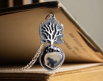 Tree of Life Sterling Silver Necklace - Montana Moss Agate Handmade Metalsmith Jewelry - Handcrafted Artisan Pendant