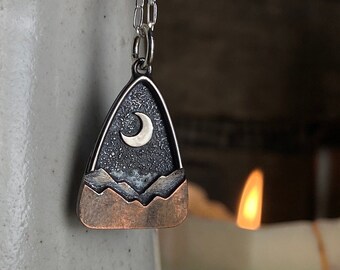 Copper Sterling Silver Gold Appalachian Mountain Night Sky Moon Charm Necklace - Handmade Metalsmith Folk Art Jewelry - Made in the USA