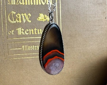 Handcrafted Sterling Silver Red Black Kentucky Agate Natural Stone Charm Necklace Metalsmith