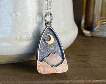 Copper Sterling Silver Gold Appalachian Mountain Night Sky Moon Charm Necklace - Handmade Metalsmith Folk Art Jewelry - Made in the USA