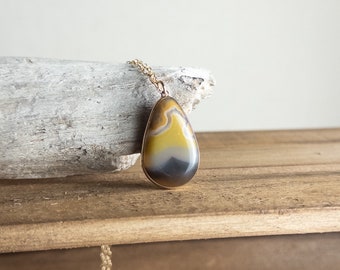 Gray Yellow Kentucky Agate Gold Silver Mixed Metal Handmade Necklace - Handcrafted Metalsmith Lapidary Artist High Quality Jewelry