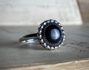 Black Onyx Chalcedony Stone Handcrafted Sterling Silver Ring - Handmade Metalsmith Jewelry - Kentucky Artist - Size 8.5
