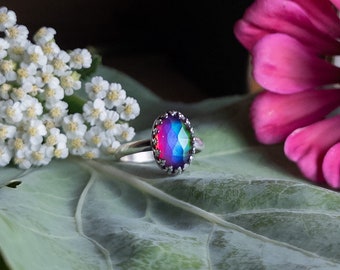 Faceted Rainbow Pink Purple Aura Opal Handcrafted Sterling Silver Ring - Handmade Metalsmith Jewelry - Kentucky Artist - Size 7.5